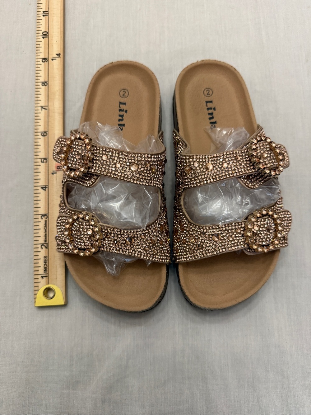 Girls Link Rose Gold Jeweled Double-Buckle Slide Sandals